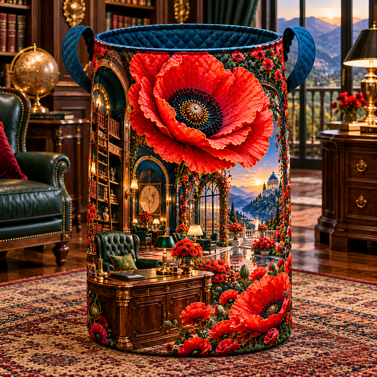 Poppy Executive Library Vista Laundry Hamper with printed optical 3D artwork in its use setting
