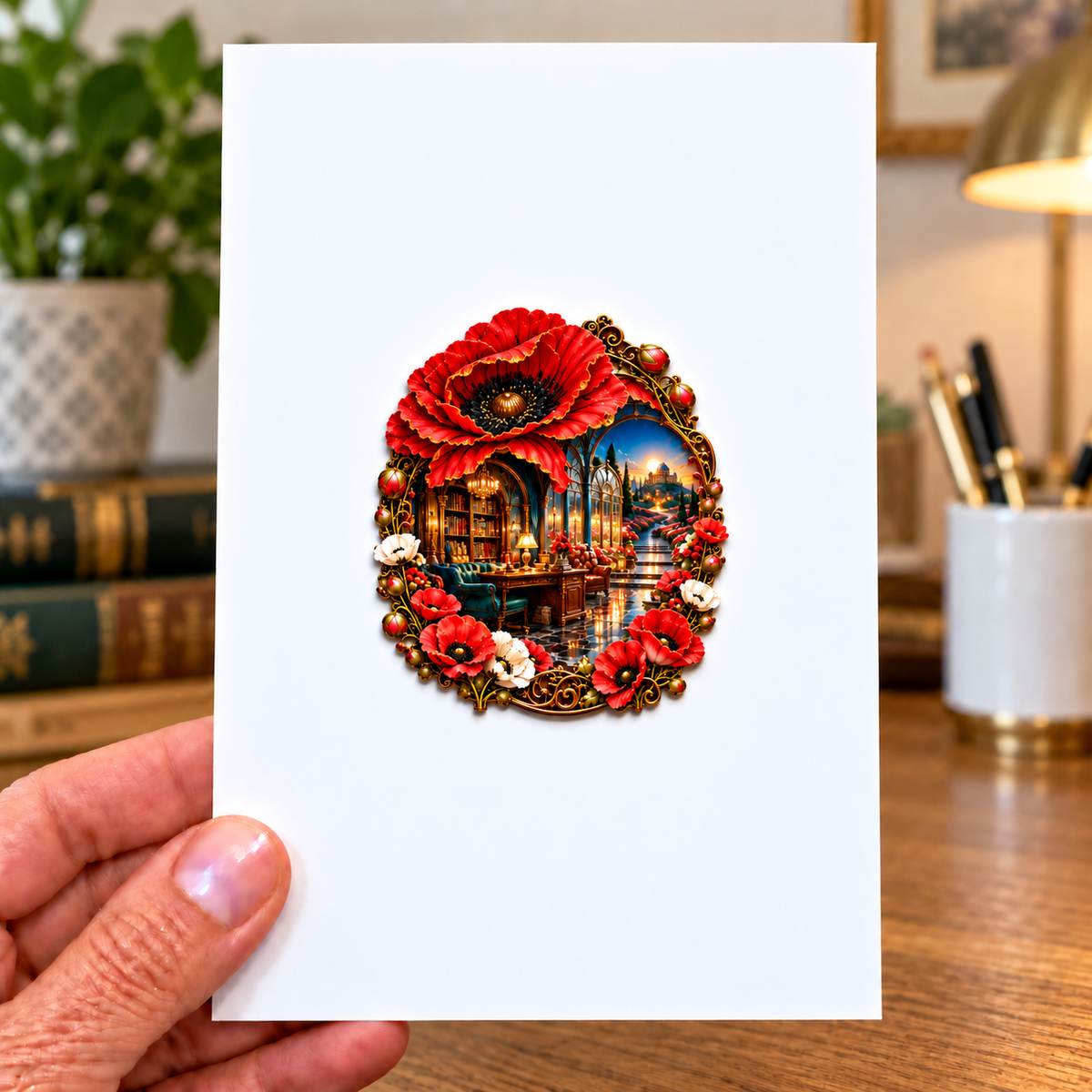 Poppy Executive Library Vista Acrylic Refrigerator Magnet with printed optical 3D artwork in its use setting