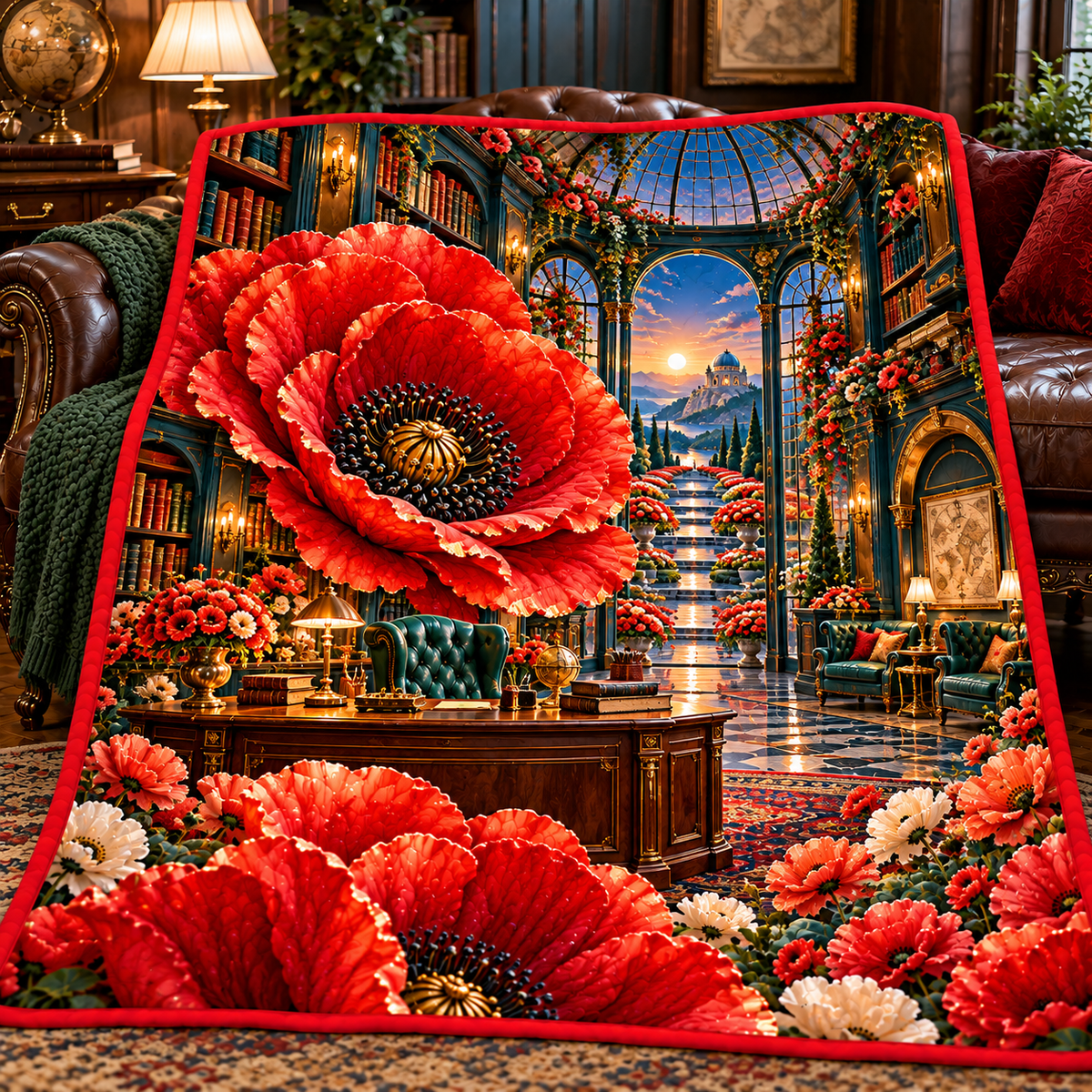Poppy Executive Library Vista Quilt Blanket with printed optical 3D artwork in its use setting