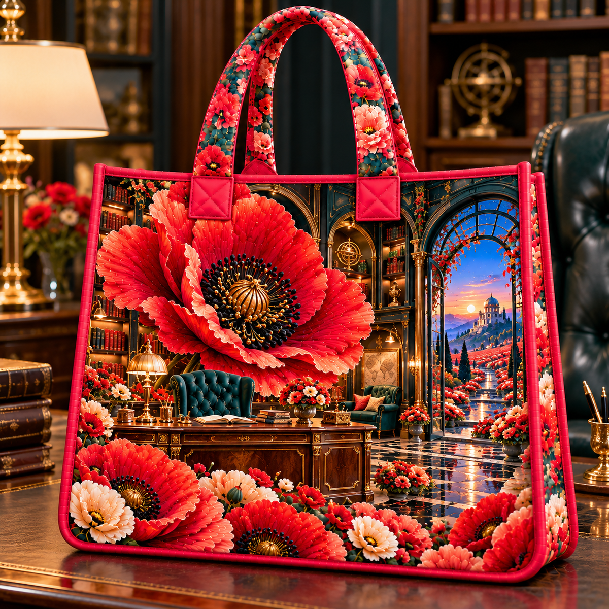 Poppy Executive Library Vista Quilted Tote Bag with printed optical 3D artwork in its use setting