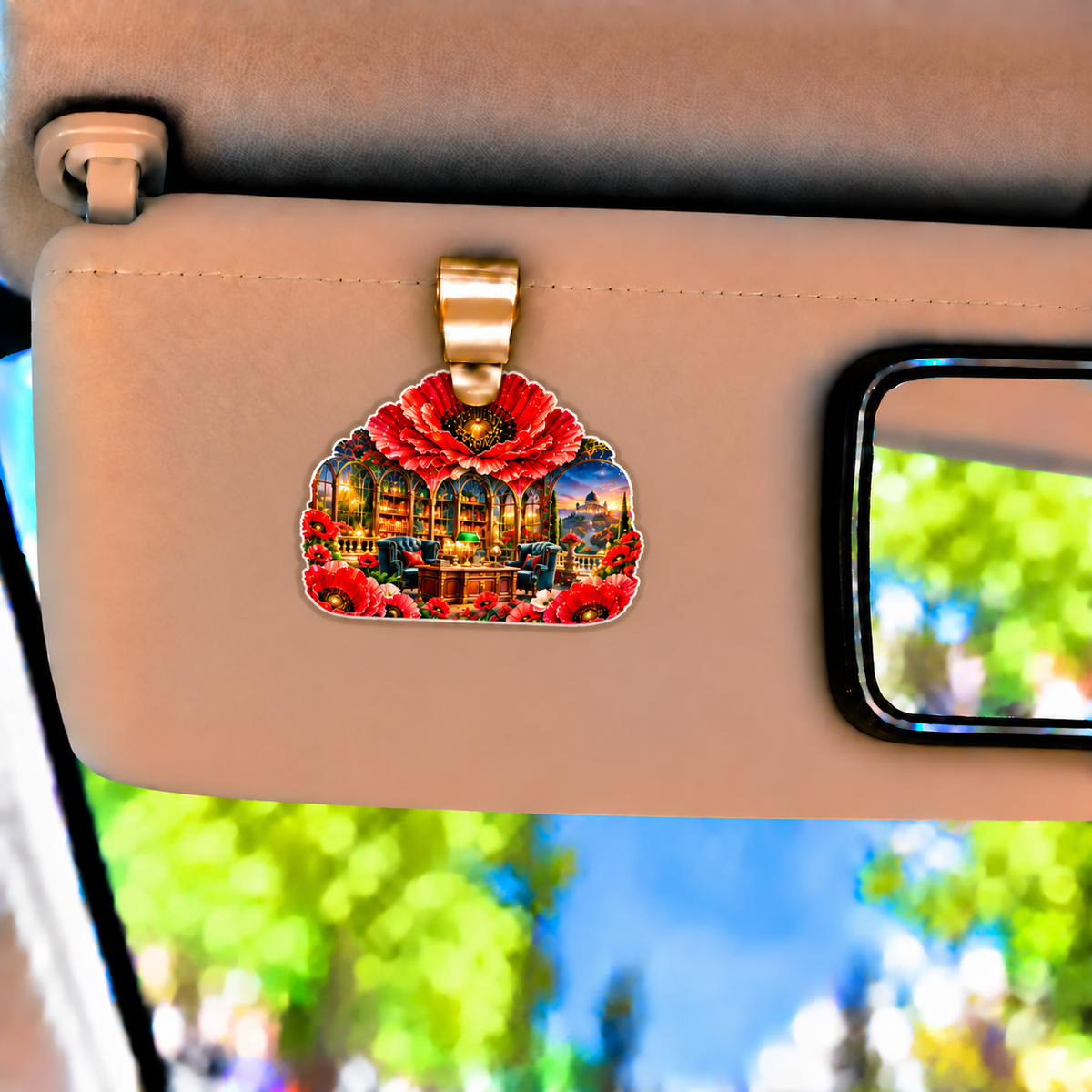 Poppy Executive Library Vista Holographic Car Visor Clip with printed optical 3D artwork in its use setting