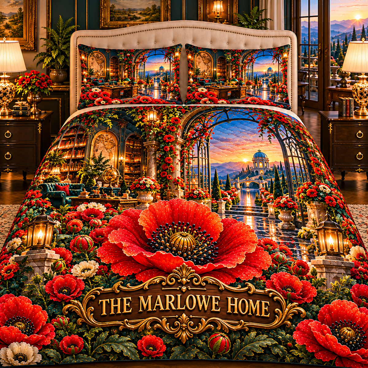 Poppy Manor Welcome Quilted Bedding Set with printed optical 3D artwork in its use setting