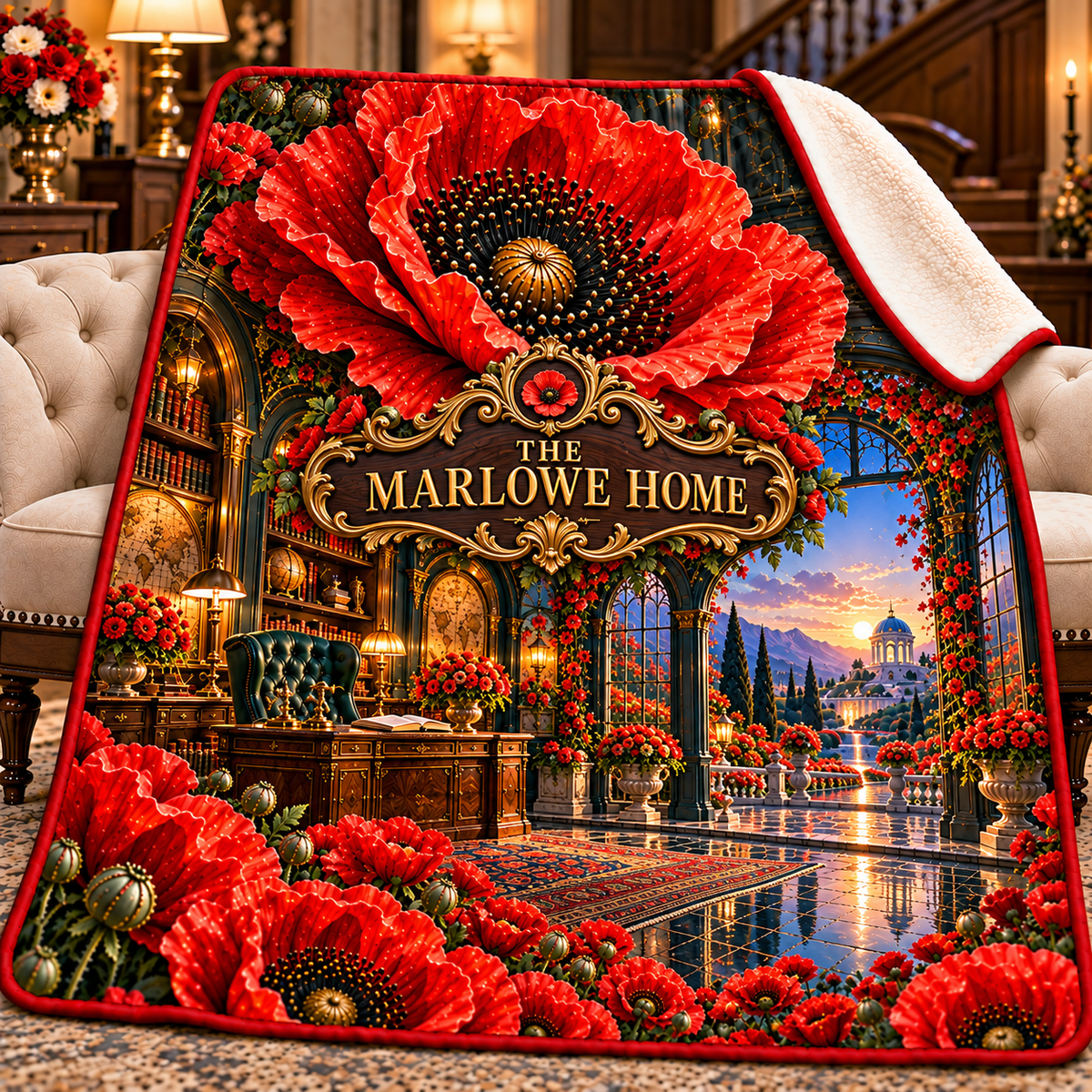 Poppy Manor Welcome Sherpa & Fleece Blanket with printed optical 3D artwork in its use setting