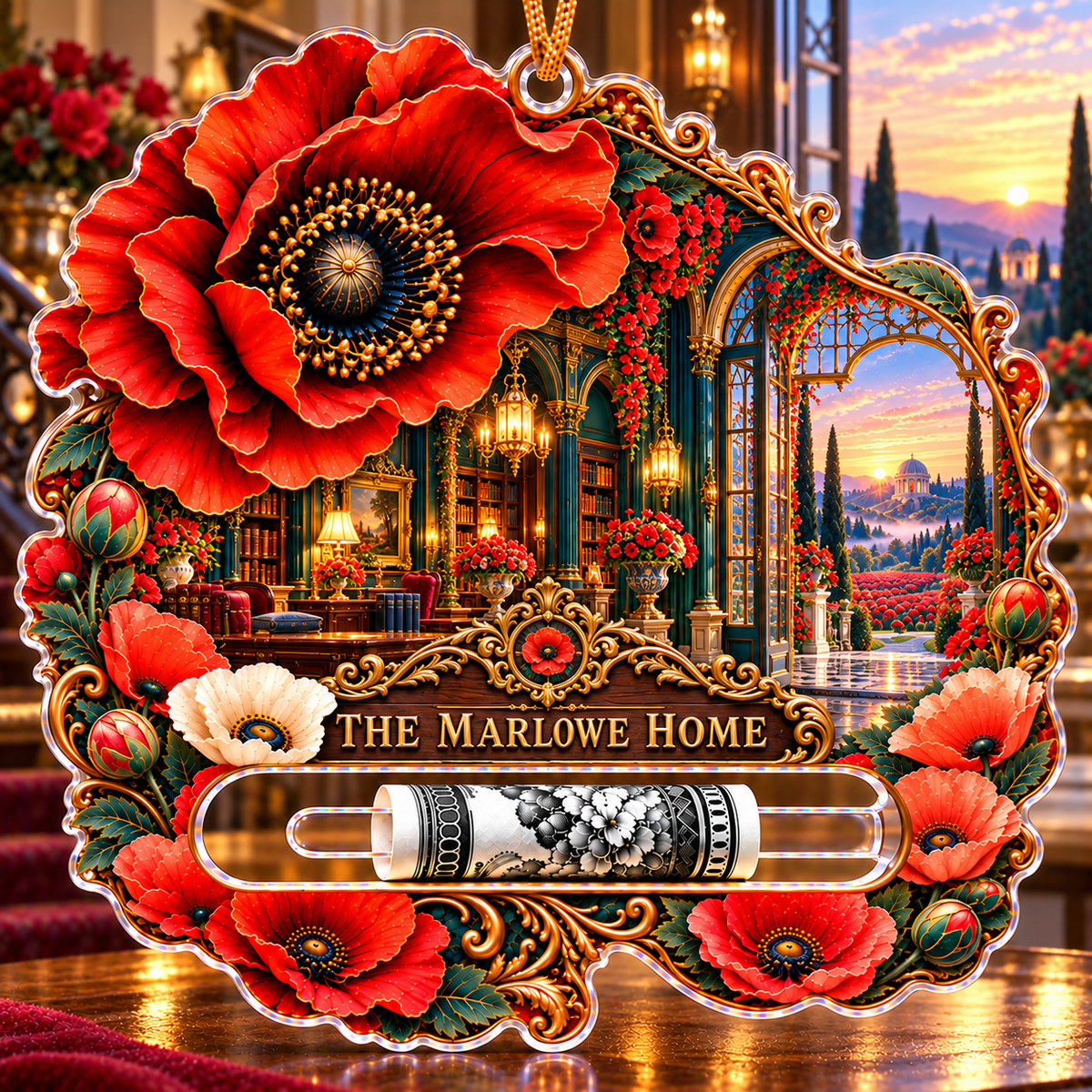 Poppy Manor Welcome Acrylic Cash Holder Ornament with printed optical 3D artwork in its use setting