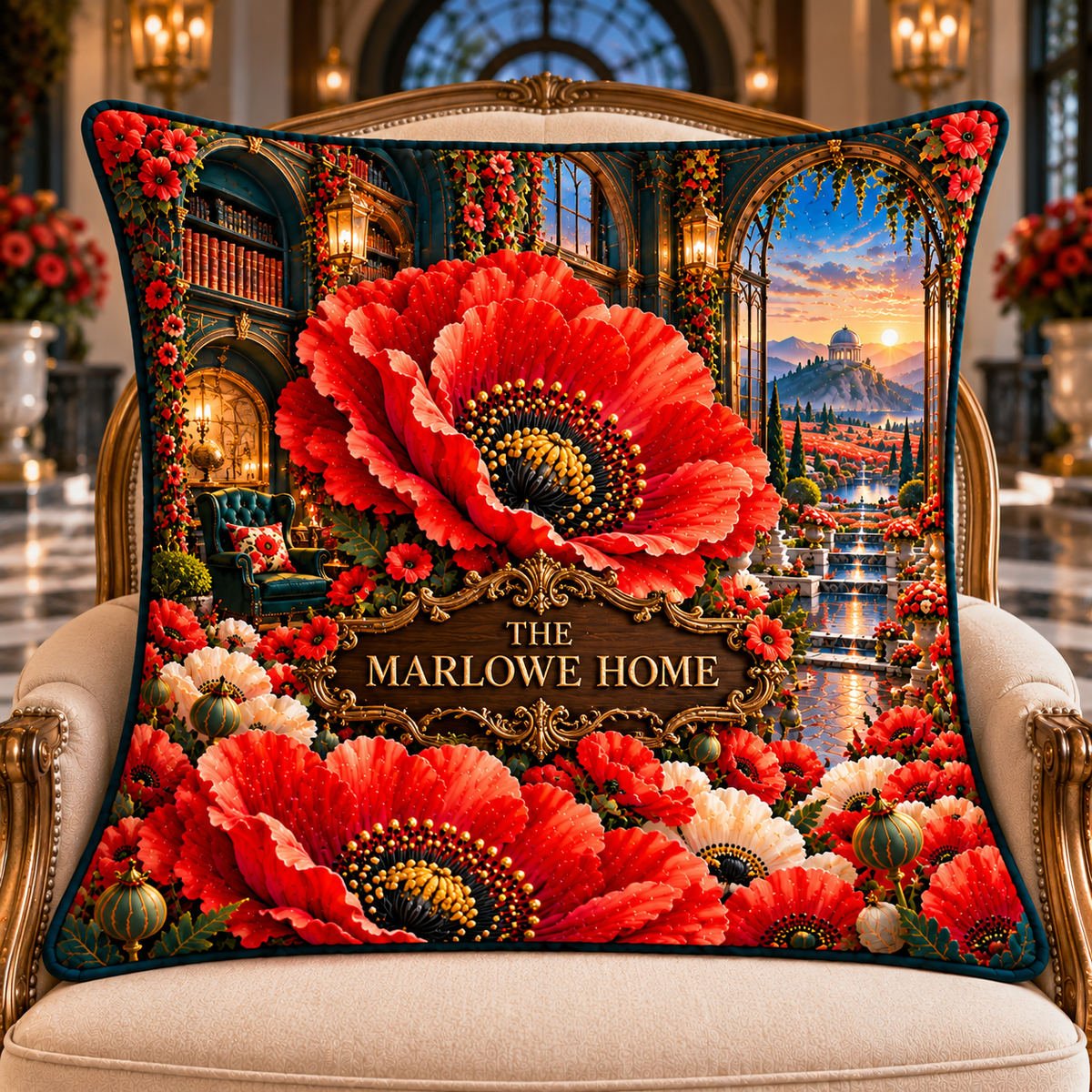 Poppy Manor Welcome Quilted Cushion Cover with printed optical 3D artwork in its use setting