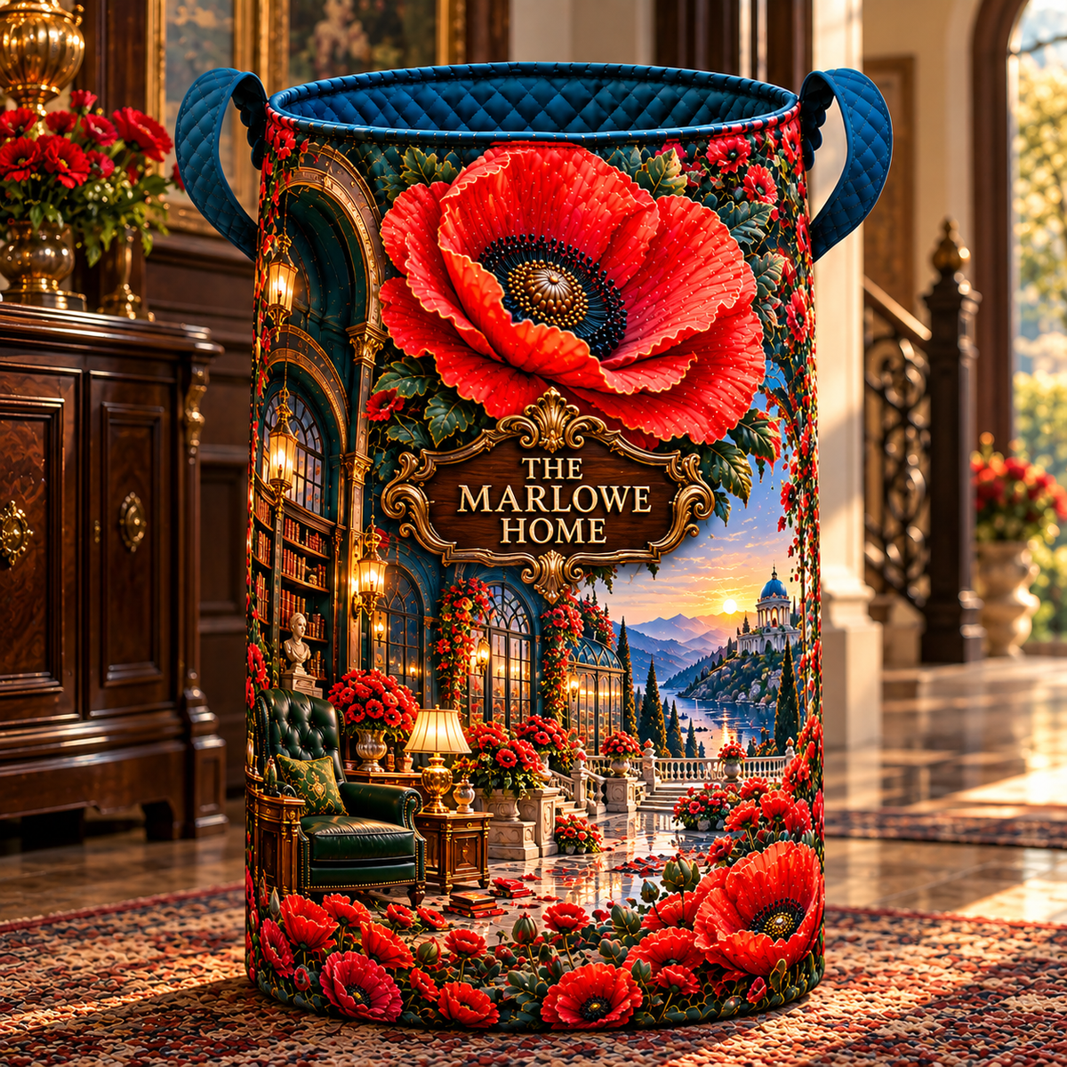 Poppy Manor Welcome Laundry Hamper with printed optical 3D artwork in its use setting