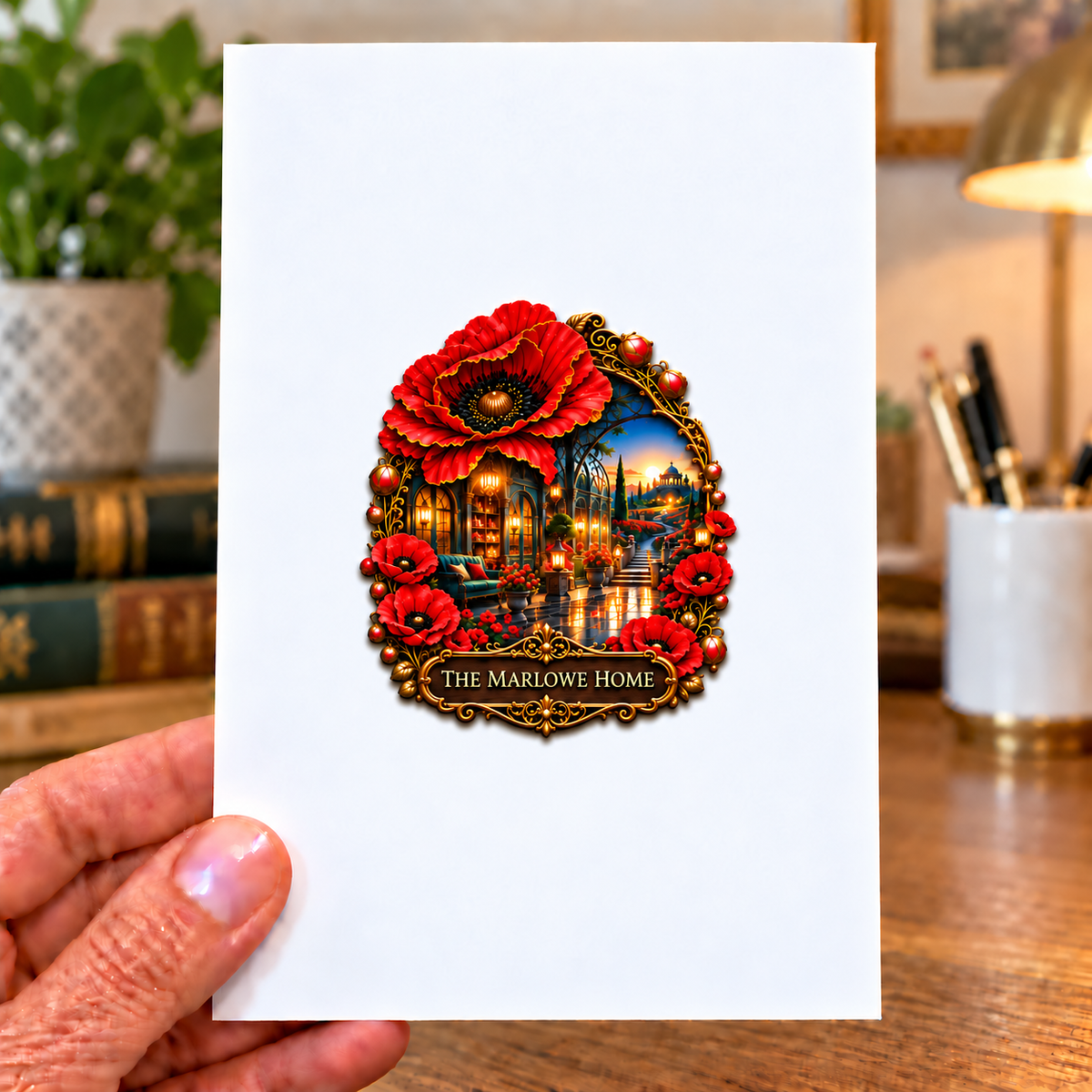 Poppy Manor Welcome Acrylic Refrigerator Magnet with printed optical 3D artwork in its use setting