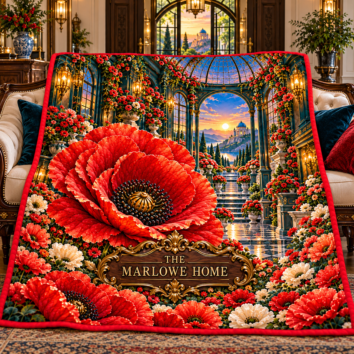 Poppy Manor Welcome Quilt Blanket with printed optical 3D artwork in its use setting