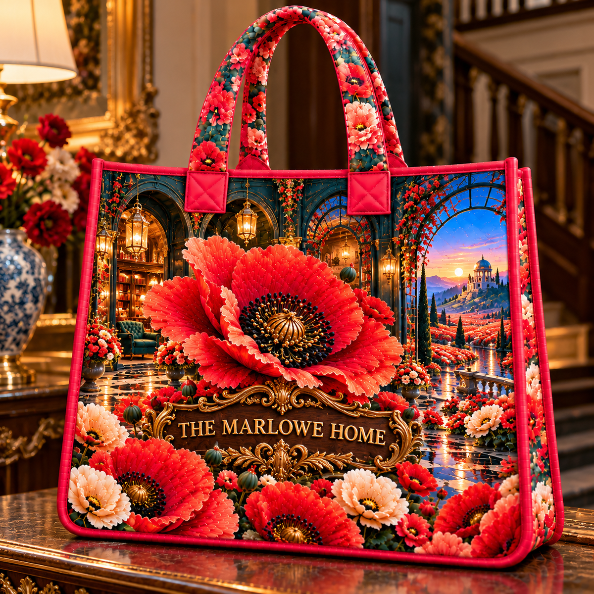 Poppy Manor Welcome Quilted Tote Bag with printed optical 3D artwork in its use setting