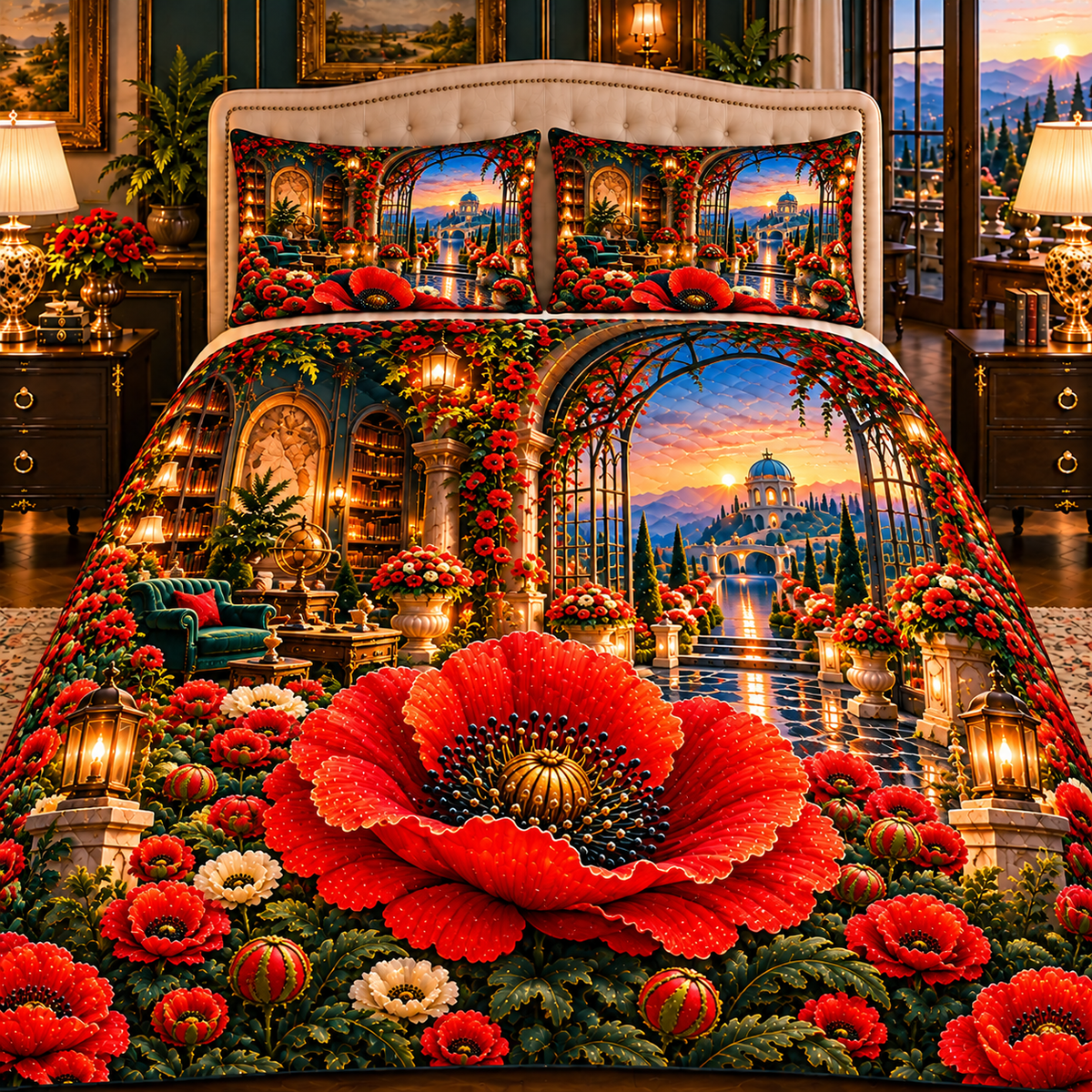 Poppy Lantern Alcove Quilted Bedding Set with printed optical 3D artwork in its use setting
