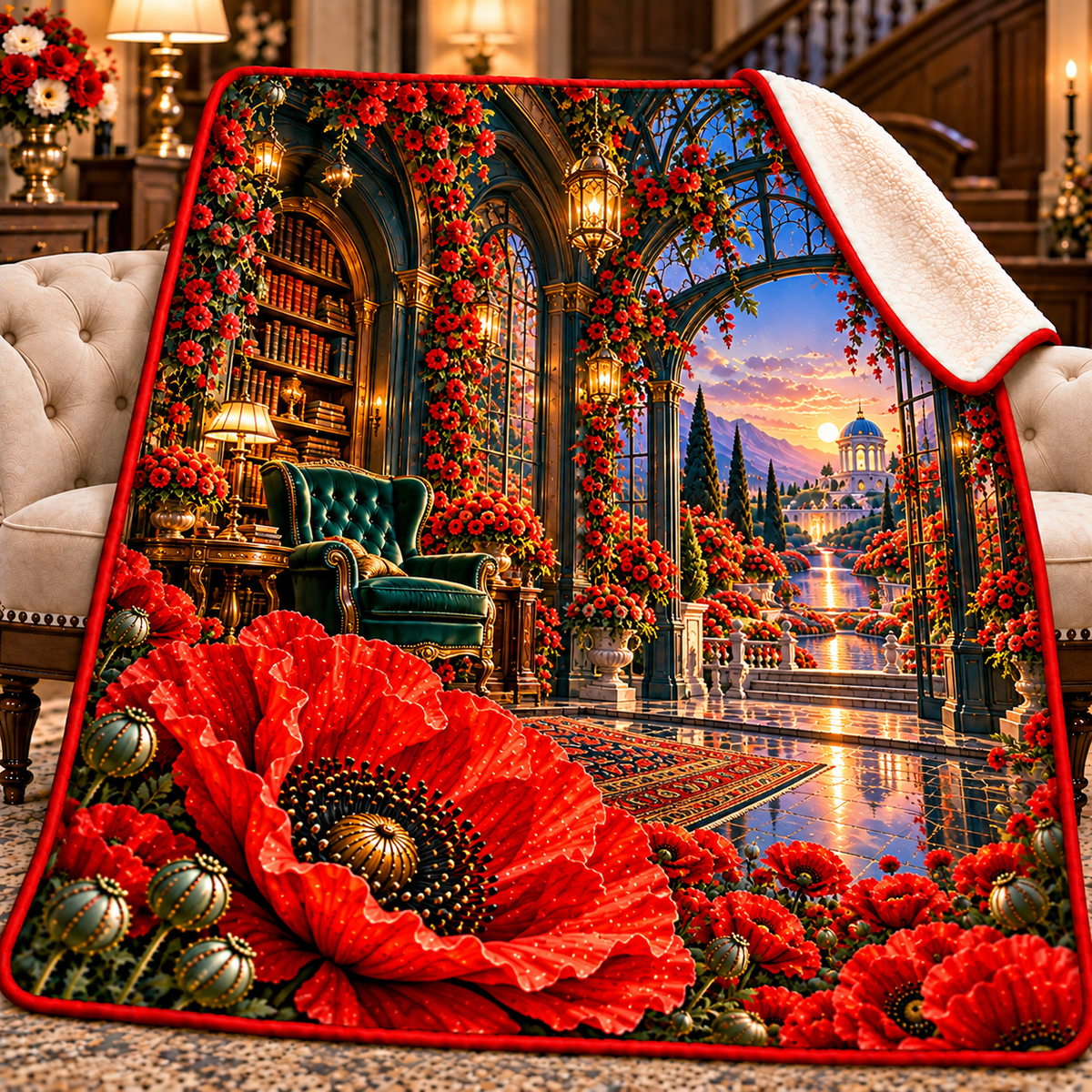 Poppy Lantern Alcove Sherpa & Fleece Blanket with printed optical 3D artwork in its use setting