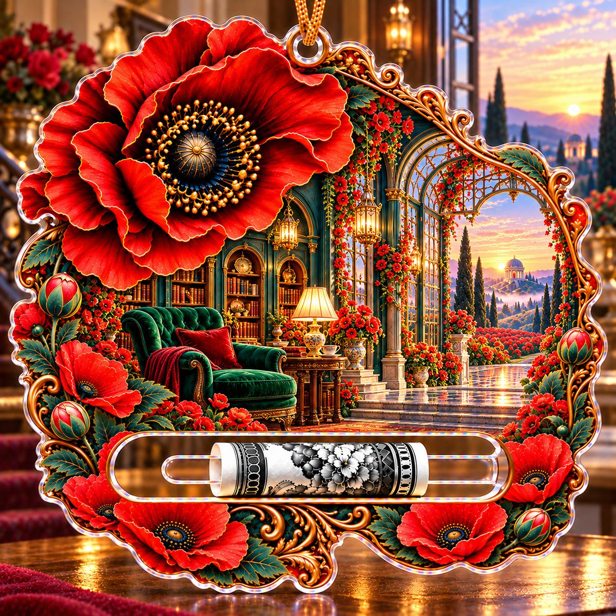 Poppy Lantern Alcove Acrylic Cash Holder Ornament with printed optical 3D artwork in its use setting