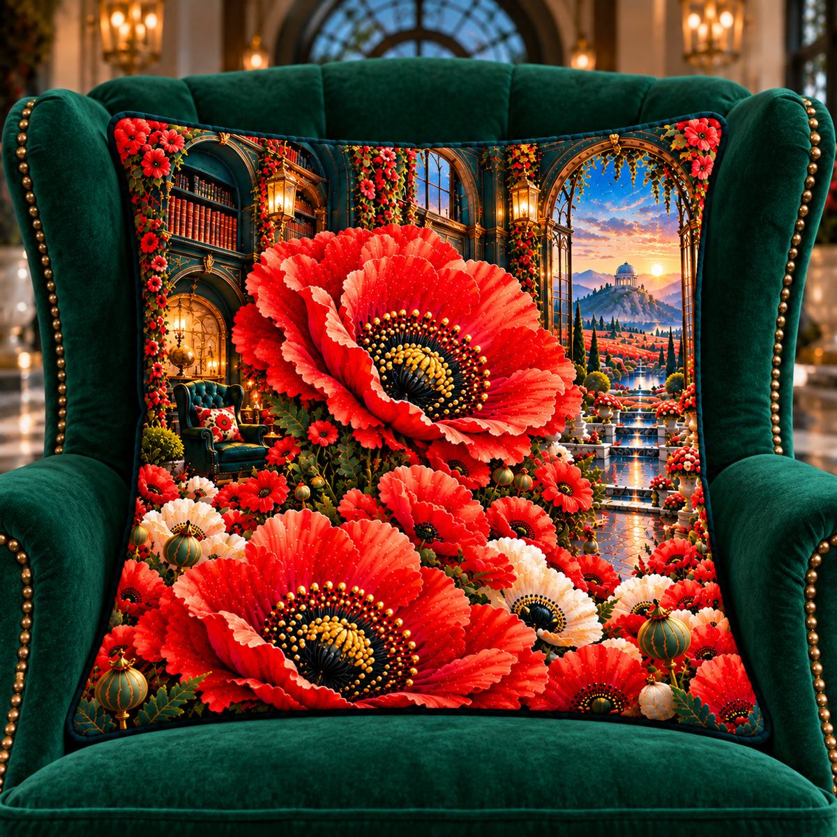 Poppy Lantern Alcove Quilted Cushion Cover with printed optical 3D artwork in its use setting