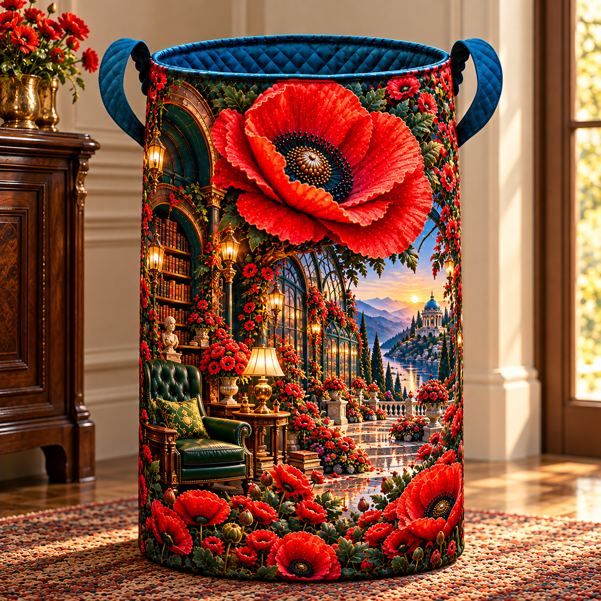 Poppy Lantern Alcove Laundry Hamper with printed optical 3D artwork in its use setting