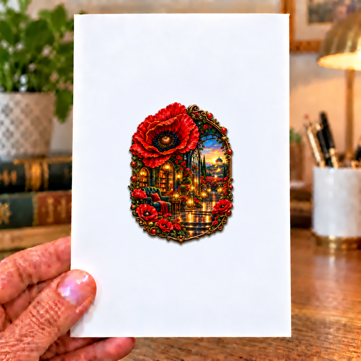 Poppy Lantern Alcove Acrylic Refrigerator Magnet with printed optical 3D artwork in its use setting