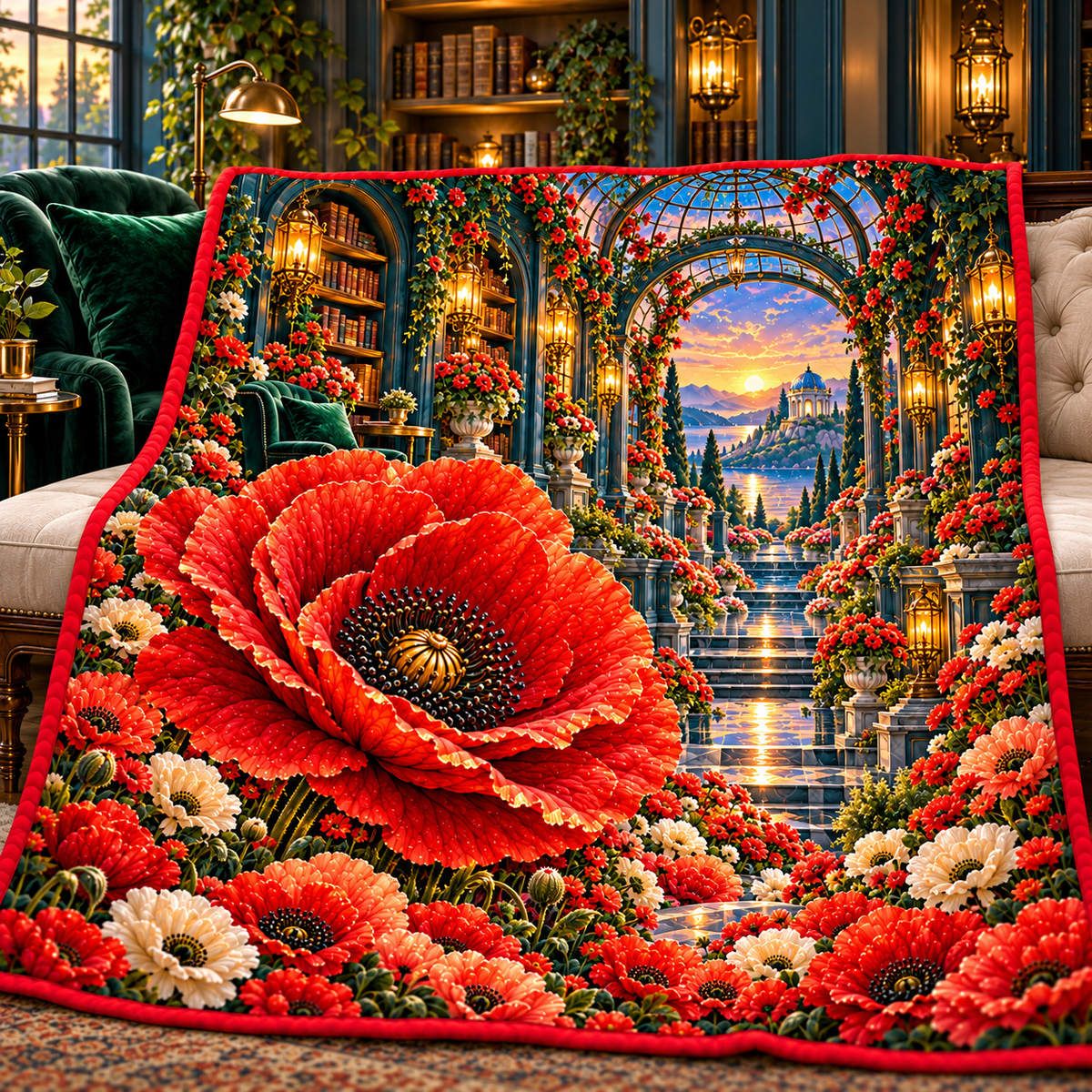 Poppy Lantern Alcove Quilt Blanket with printed optical 3D artwork in its use setting