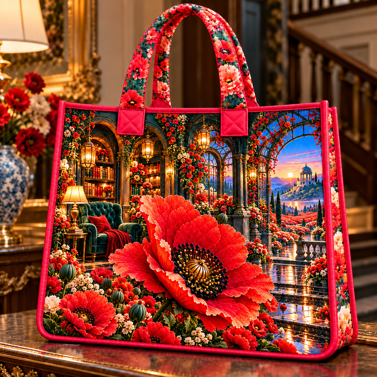 Poppy Lantern Alcove Quilted Tote Bag with printed optical 3D artwork in its use setting