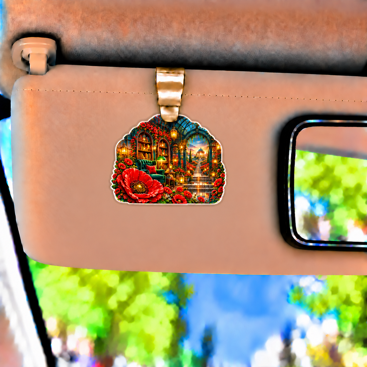 Poppy Lantern Alcove Holographic Car Visor Clip with printed optical 3D artwork in its use setting