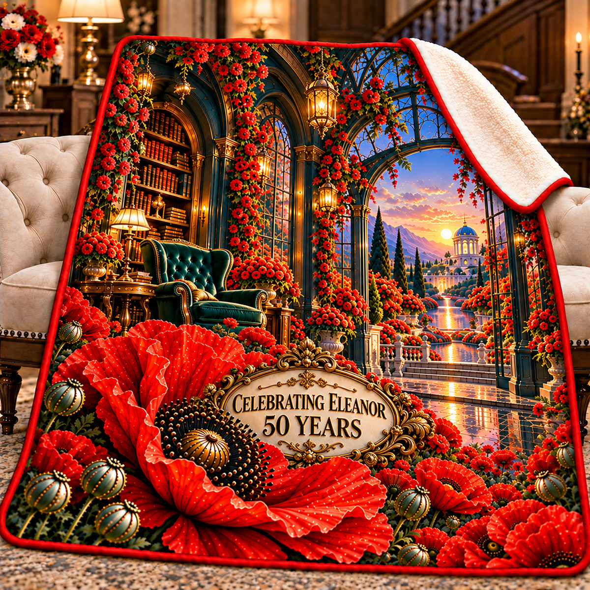 Poppy Birthday Curio Sherpa & Fleece Blanket with printed optical 3D artwork in its use setting