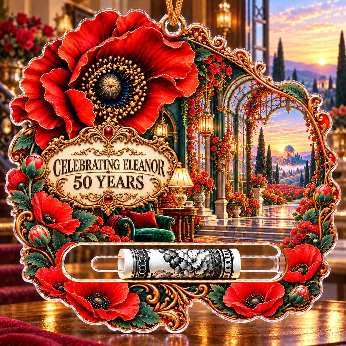 Poppy Birthday Curio Acrylic Cash Holder Ornament with printed optical 3D artwork in its use setting