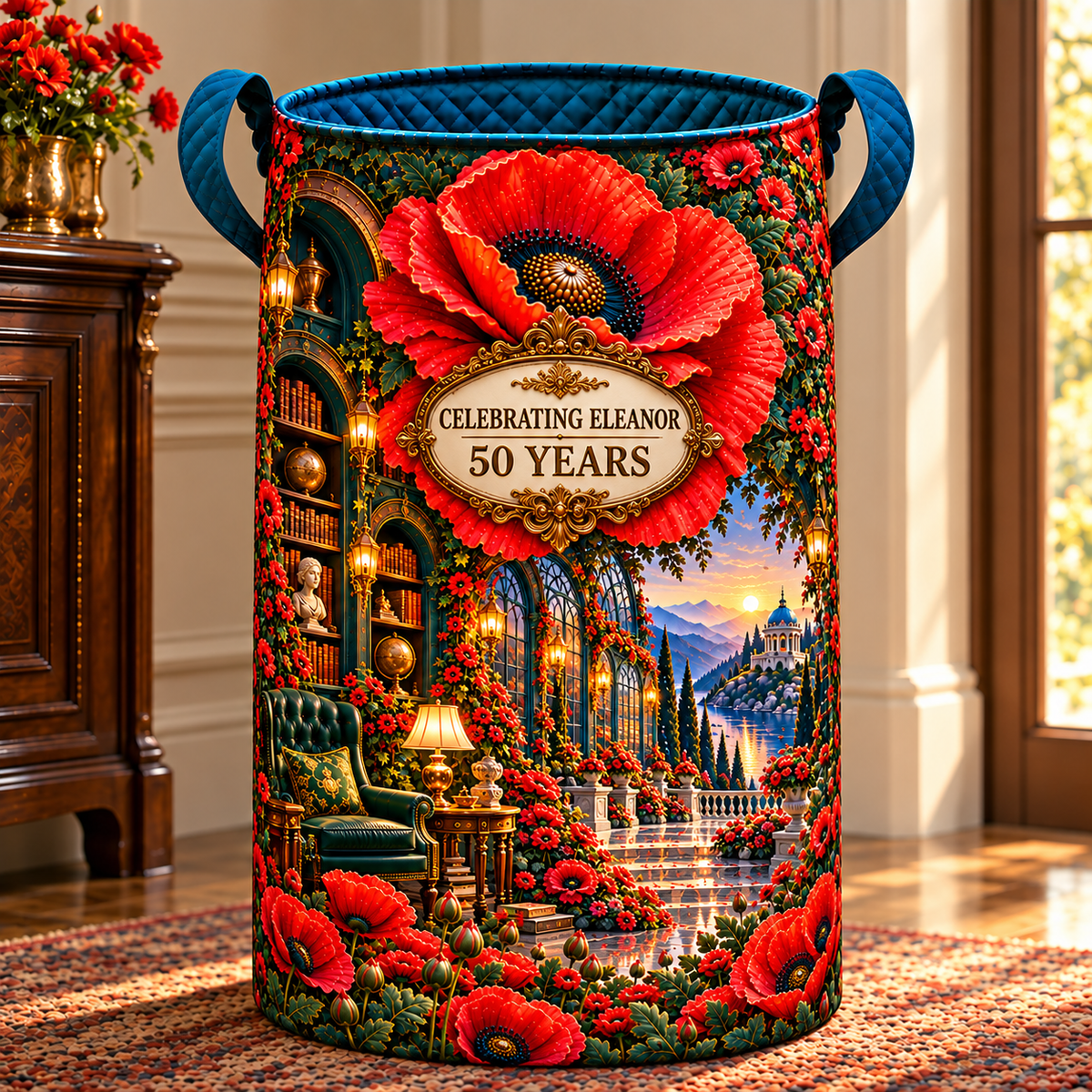 Poppy Birthday Curio Laundry Hamper with printed optical 3D artwork in its use setting