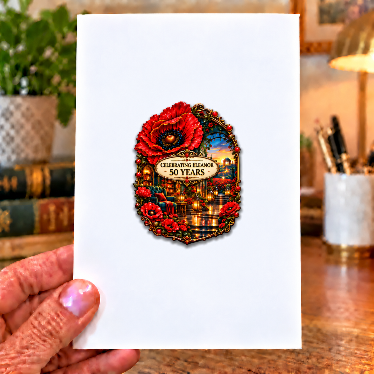 Poppy Birthday Curio Acrylic Refrigerator Magnet with printed optical 3D artwork in its use setting