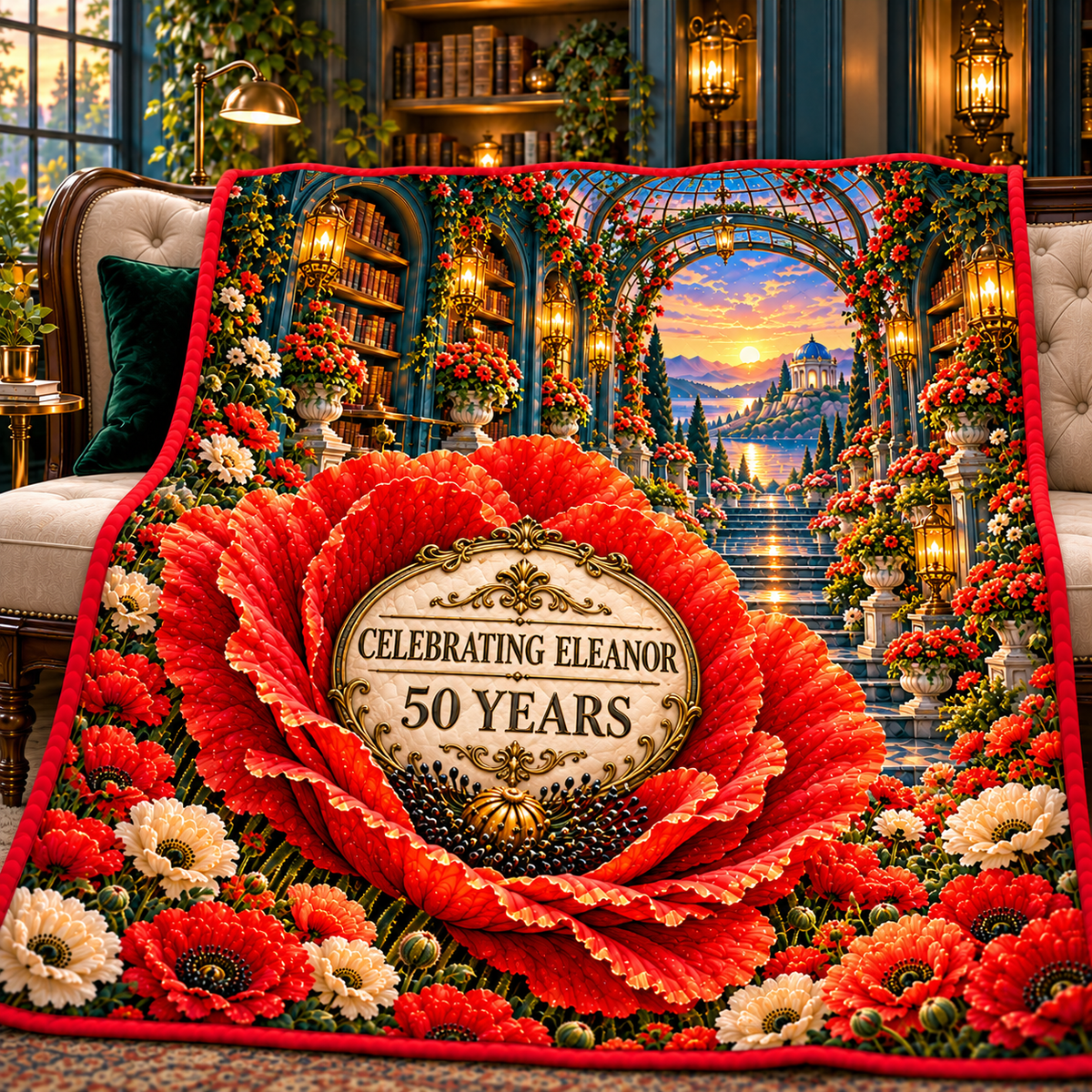 Poppy Birthday Curio Quilt Blanket with printed optical 3D artwork in its use setting