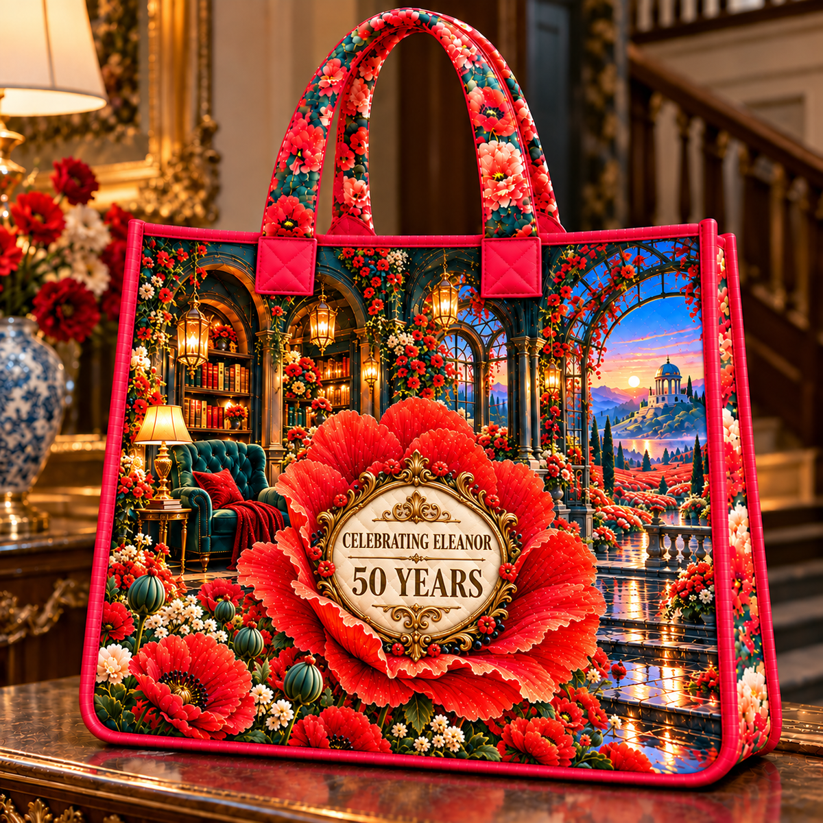 Poppy Birthday Curio Quilted Tote Bag with printed optical 3D artwork in its use setting