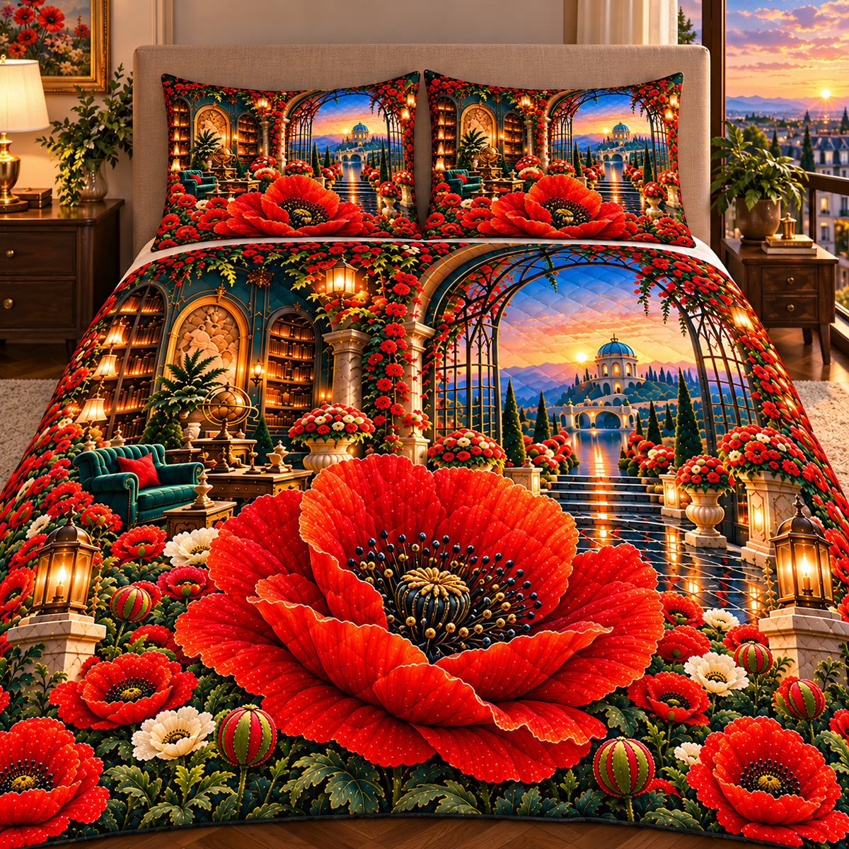 Poppy Gallery Passage Quilted Bedding Set with printed optical 3D artwork in its use setting