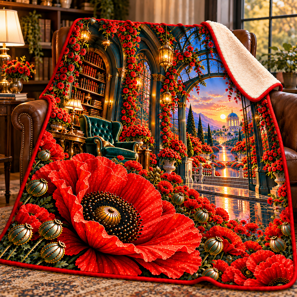 Poppy Gallery Passage Sherpa & Fleece Blanket with printed optical 3D artwork in its use setting