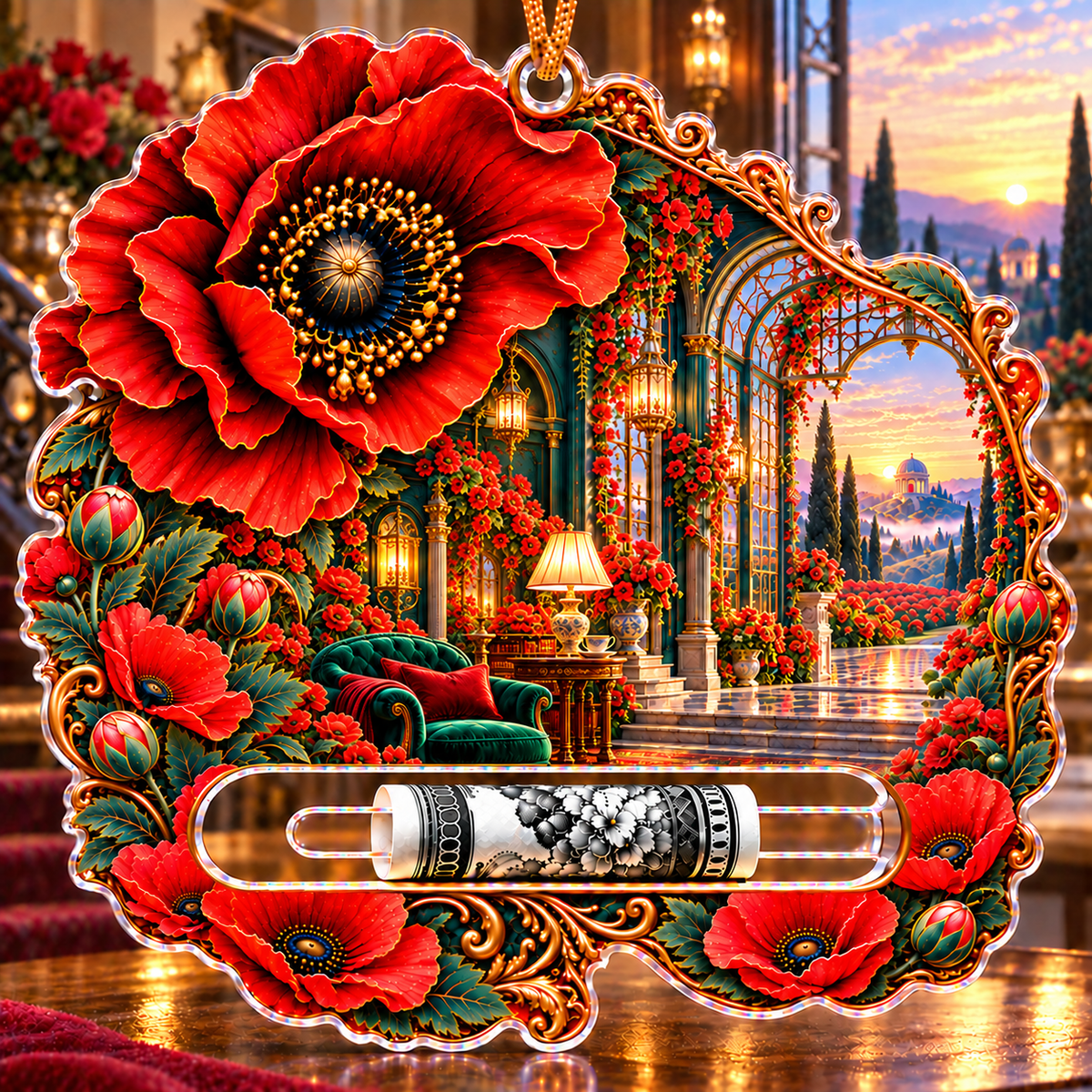 Poppy Gallery Passage Acrylic Cash Holder Ornament with printed optical 3D artwork in its use setting
