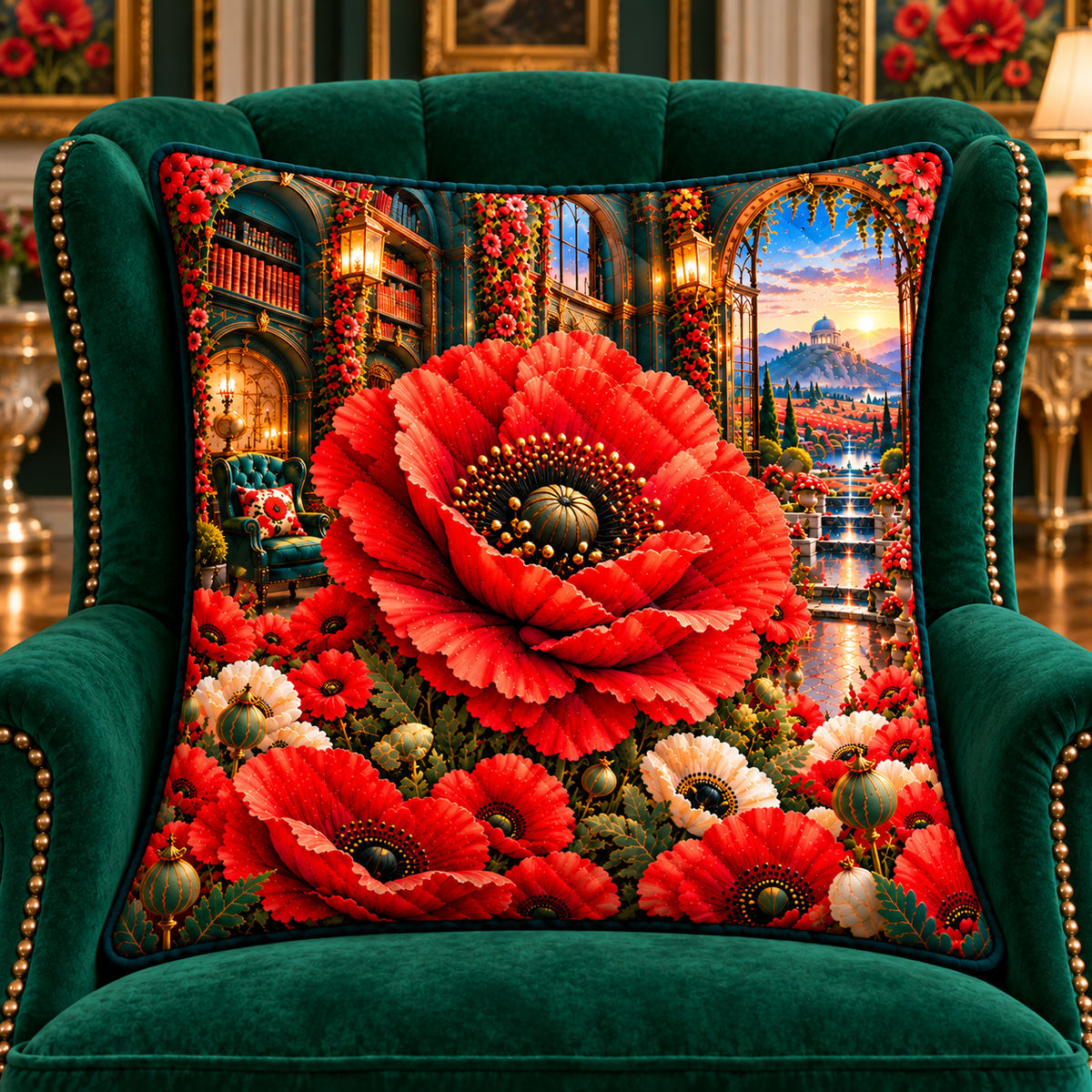 Poppy Gallery Passage Quilted Cushion Cover with printed optical 3D artwork in its use setting