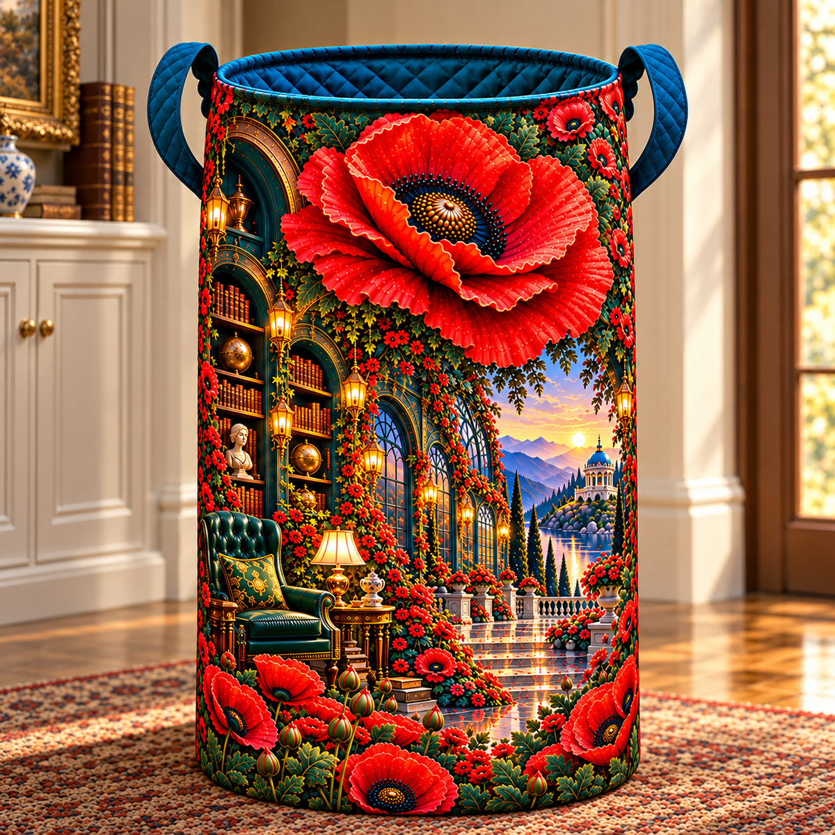 Poppy Gallery Passage Laundry Hamper with printed optical 3D artwork in its use setting