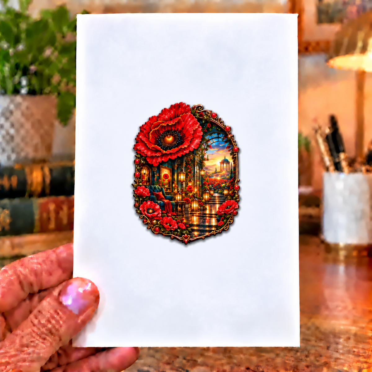 Poppy Gallery Passage Acrylic Refrigerator Magnet with printed optical 3D artwork in its use setting