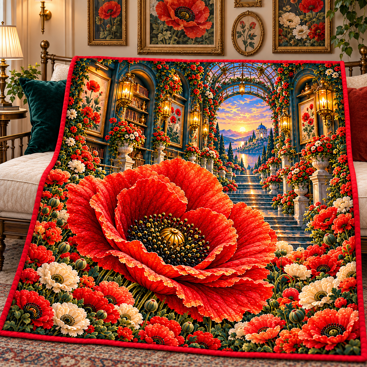 Poppy Gallery Passage Quilt Blanket with printed optical 3D artwork in its use setting