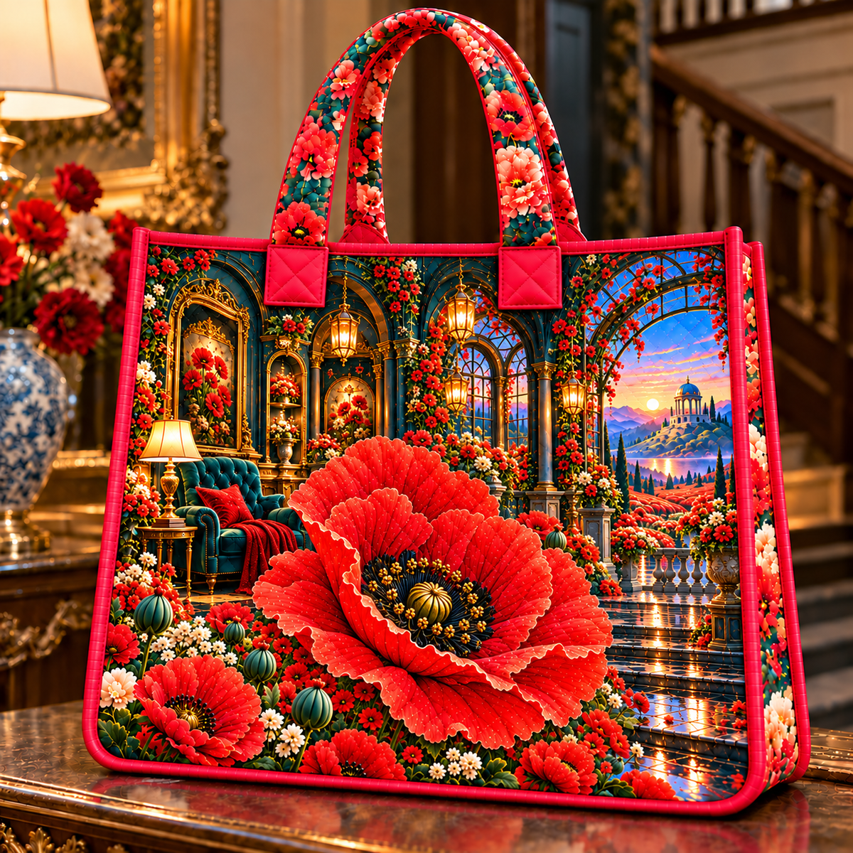 Poppy Gallery Passage Quilted Tote Bag with printed optical 3D artwork in its use setting