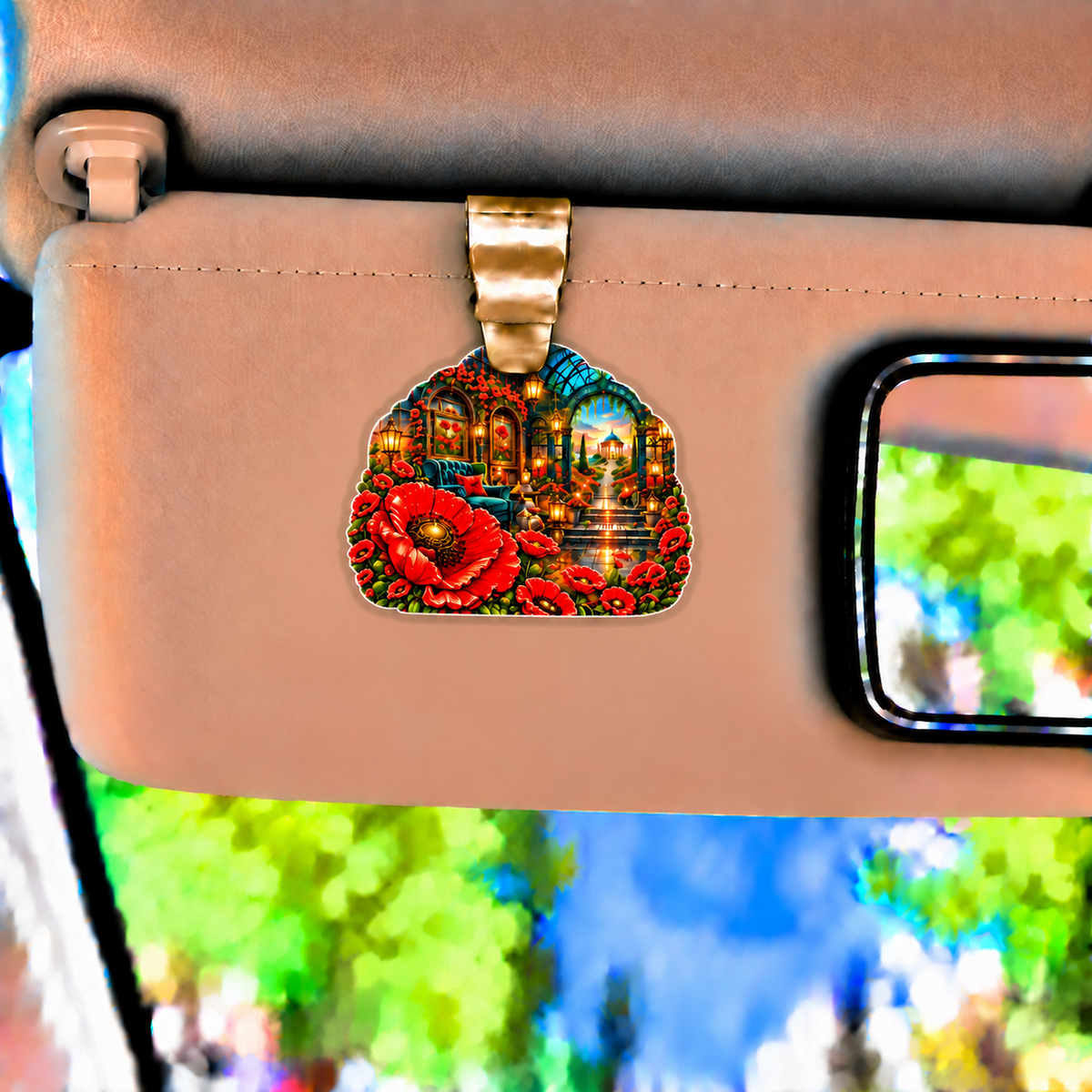 Poppy Gallery Passage Holographic Car Visor Clip with printed optical 3D artwork in its use setting