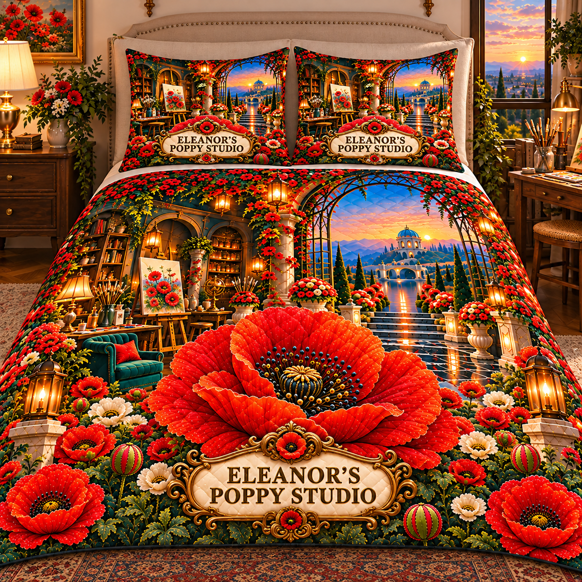 Poppy Atelier Signature Quilted Bedding Set with printed optical 3D artwork in its use setting