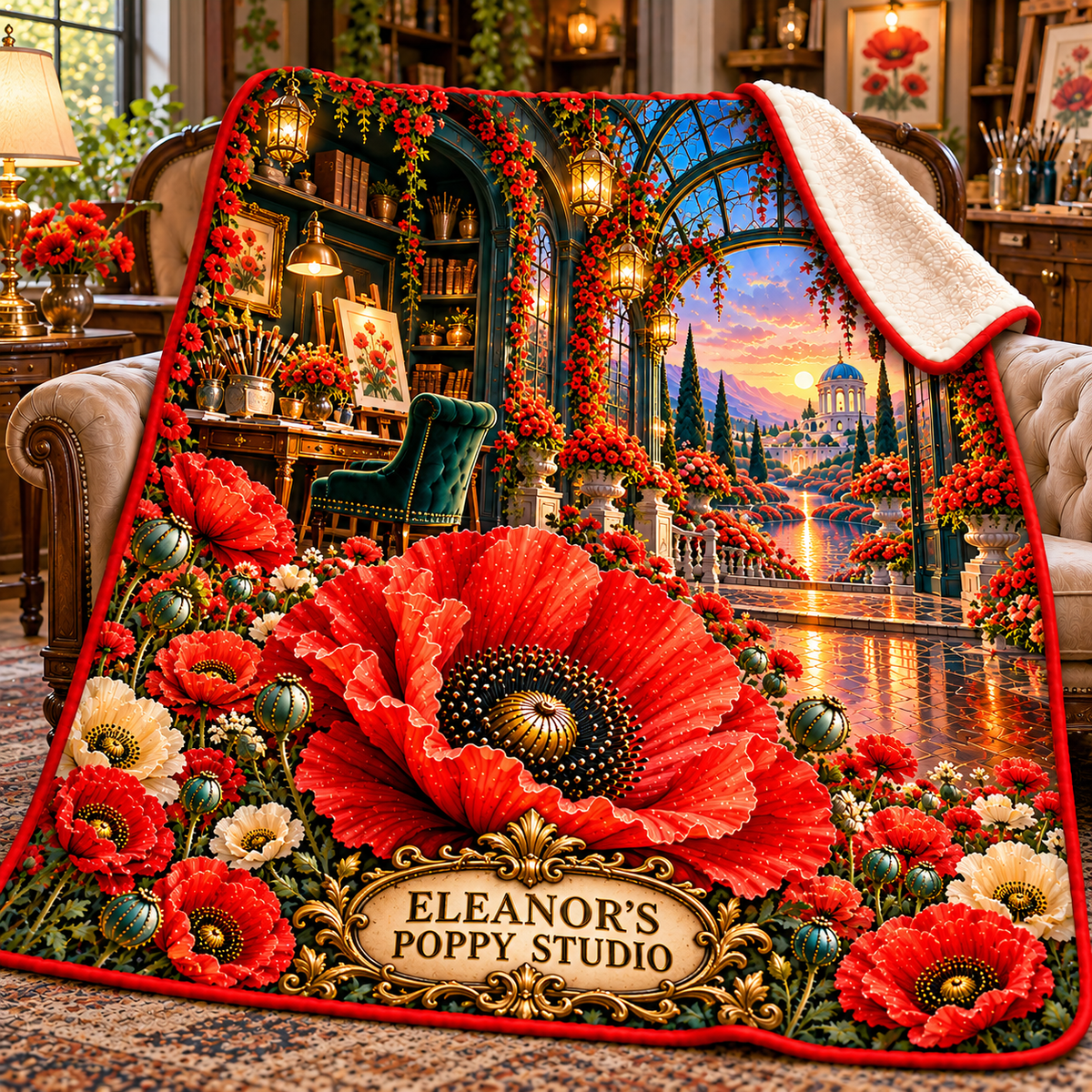 Poppy Atelier Signature Sherpa & Fleece Blanket with printed optical 3D artwork in its use setting