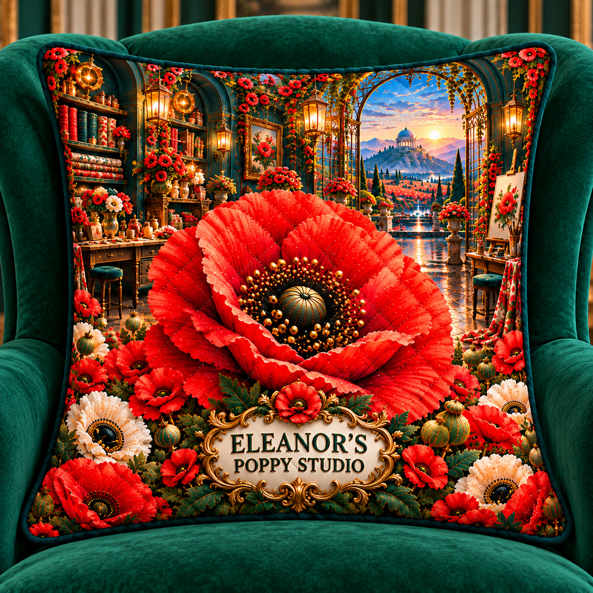 Poppy Atelier Signature Quilted Cushion Cover with printed optical 3D artwork in its use setting