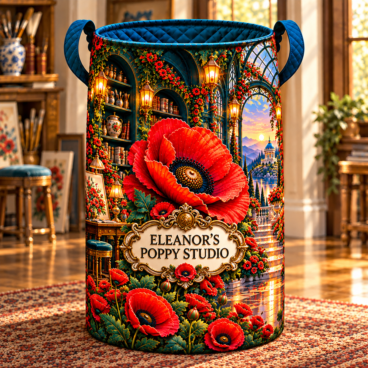 Poppy Atelier Signature Laundry Hamper with printed optical 3D artwork in its use setting