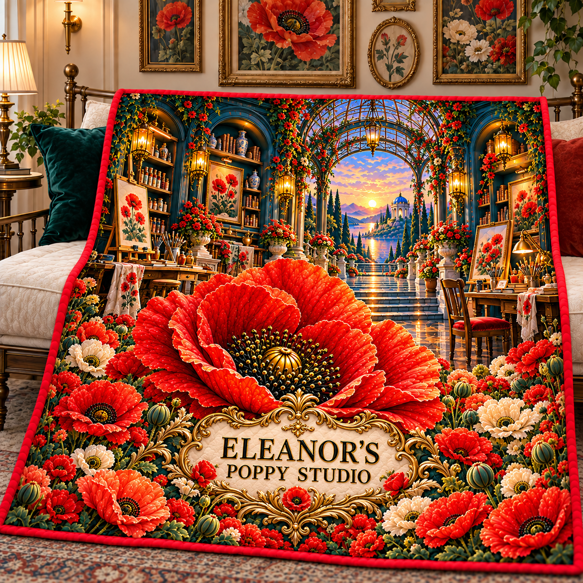 Poppy Atelier Signature Quilt Blanket with printed optical 3D artwork in its use setting