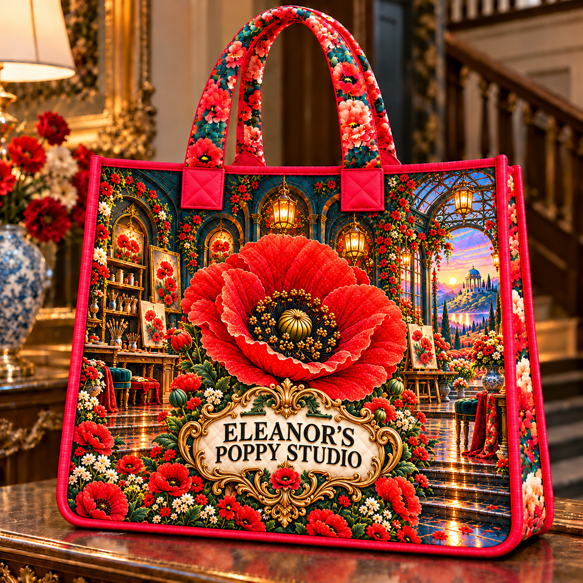 Poppy Atelier Signature Quilted Tote Bag with printed optical 3D artwork in its use setting