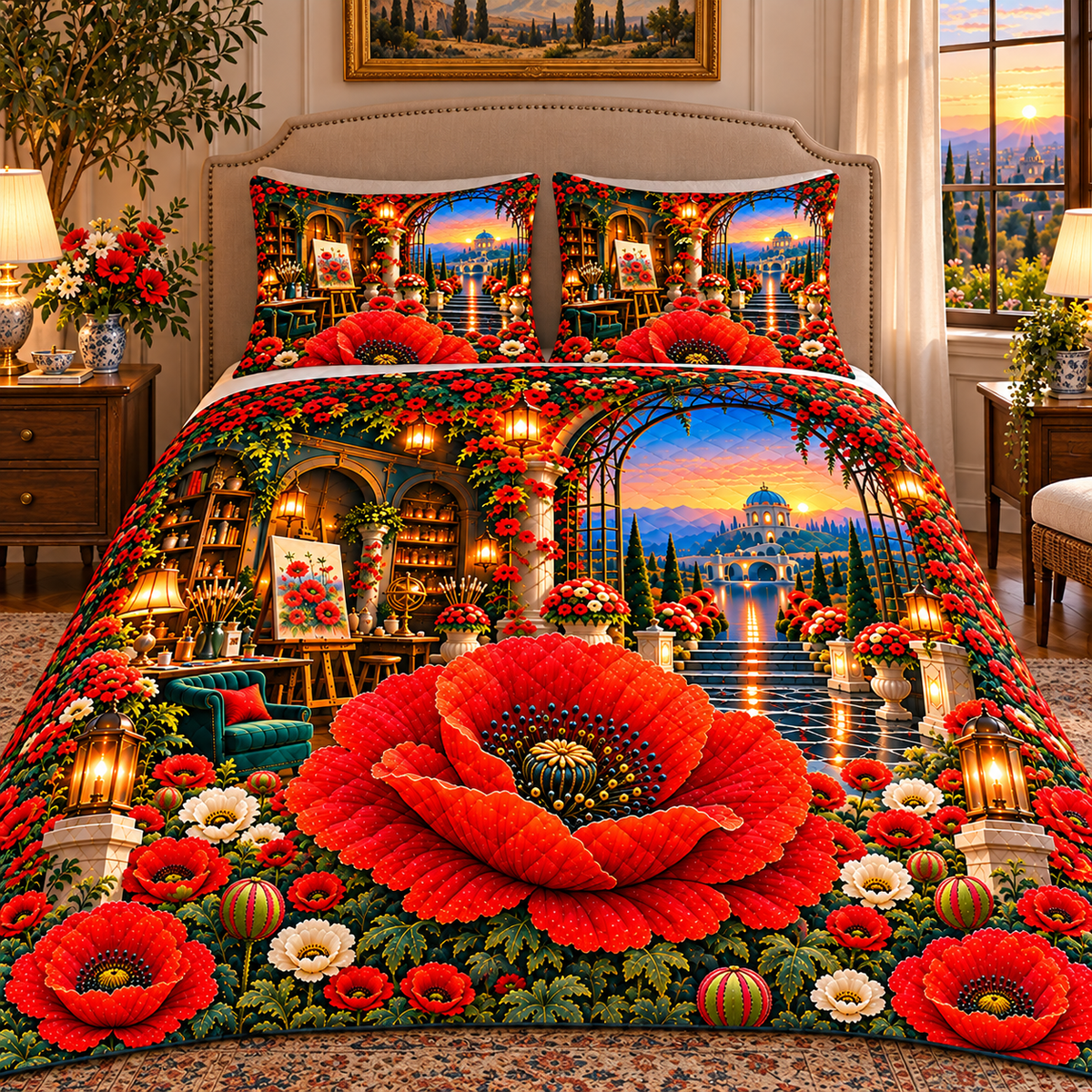 Poppy Welcome Supper Quilted Bedding Set with printed optical 3D artwork in its use setting