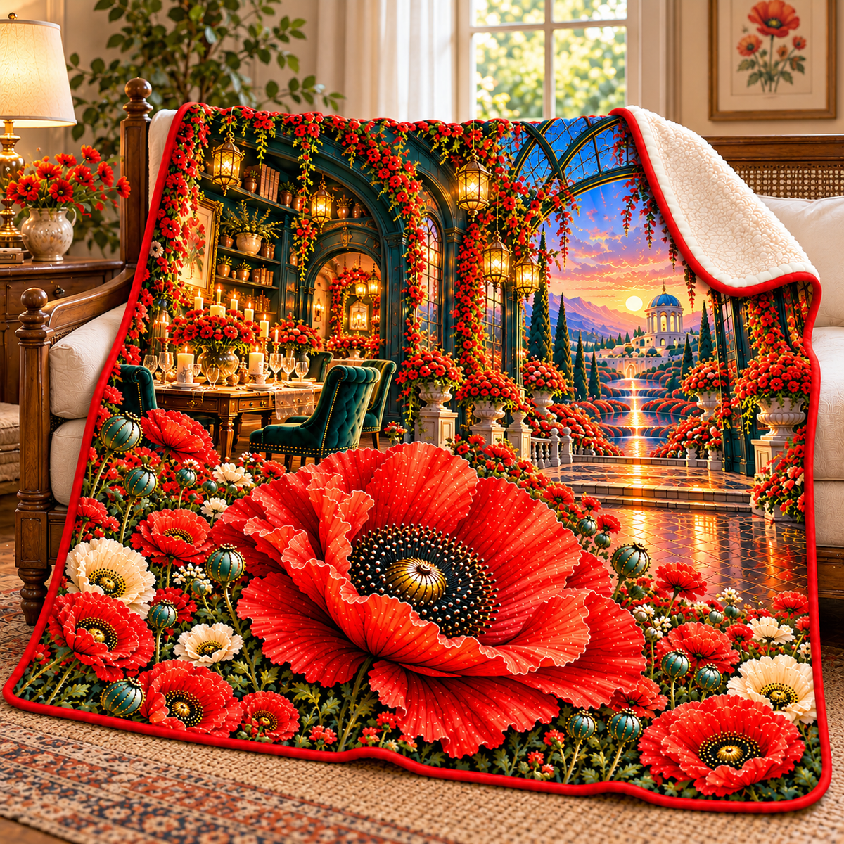 Poppy Welcome Supper Sherpa & Fleece Blanket with printed optical 3D artwork in its use setting