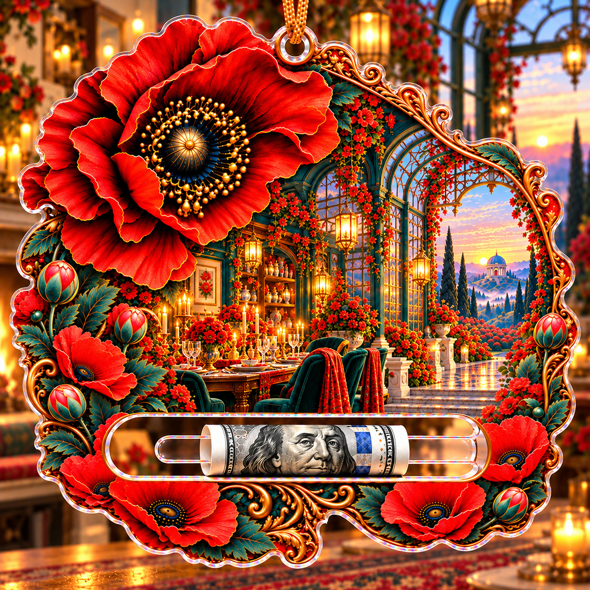 Poppy Welcome Supper Acrylic Cash Holder Ornament with printed optical 3D artwork in its use setting