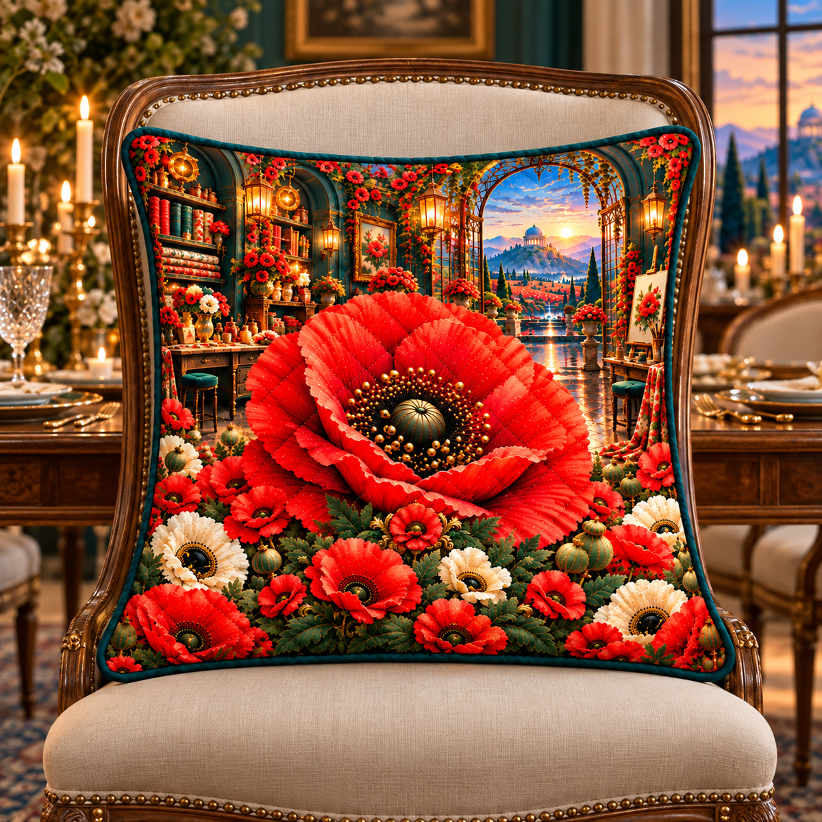 Poppy Welcome Supper Quilted Cushion Cover with printed optical 3D artwork in its use setting