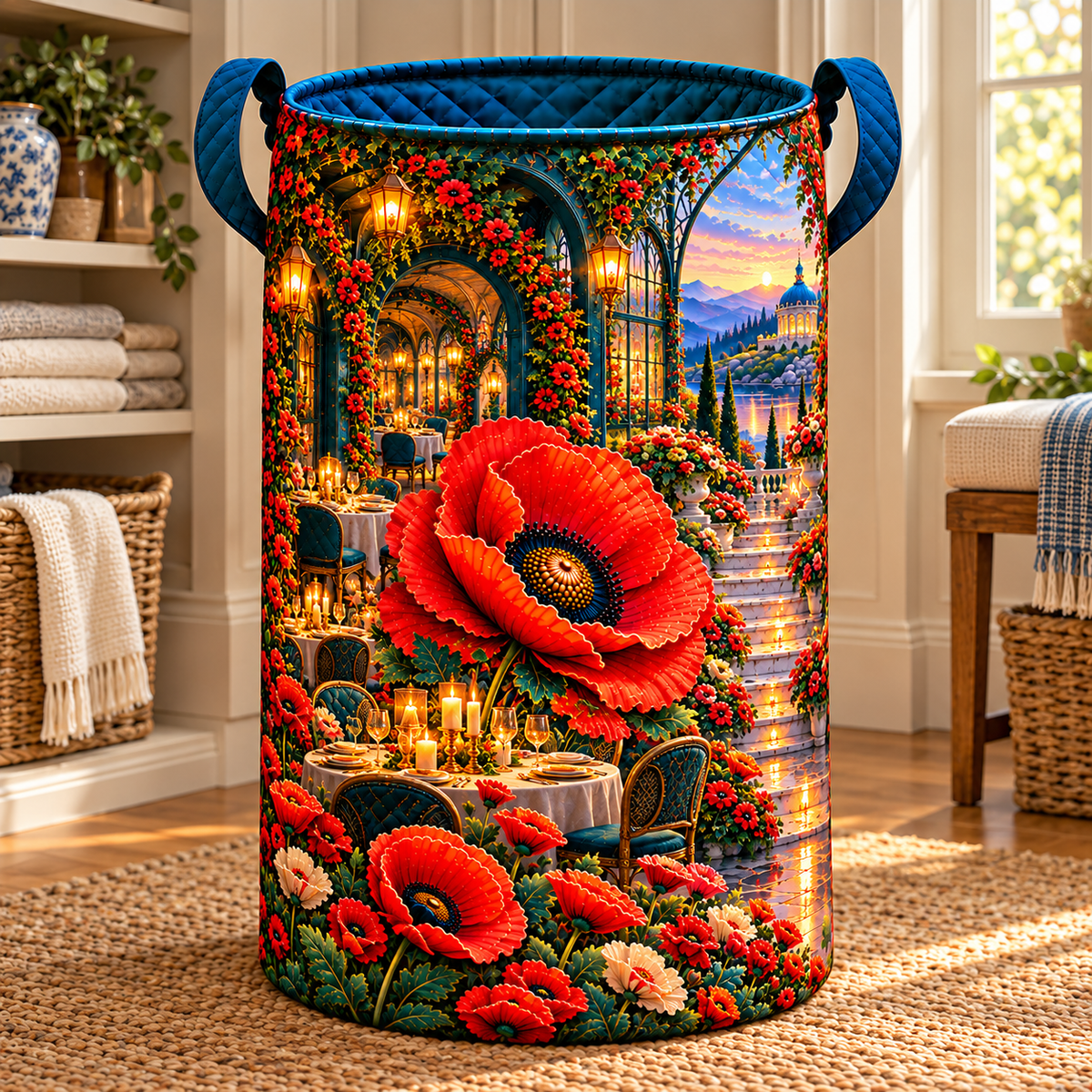 Poppy Welcome Supper Laundry Hamper with printed optical 3D artwork in its use setting