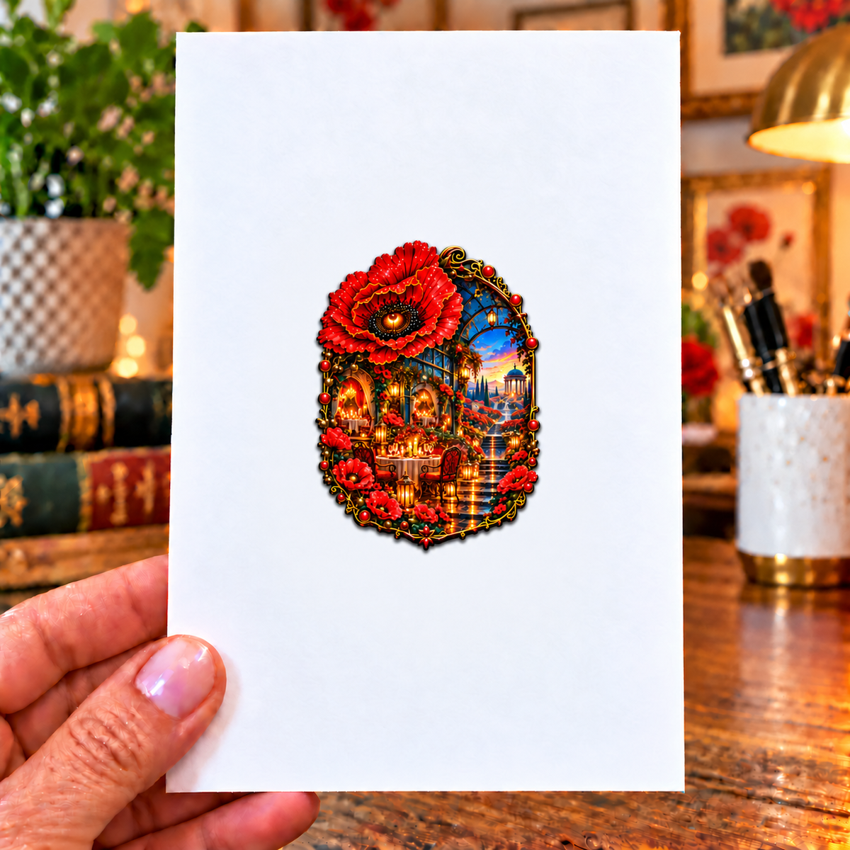 Poppy Welcome Supper Acrylic Refrigerator Magnet with printed optical 3D artwork in its use setting