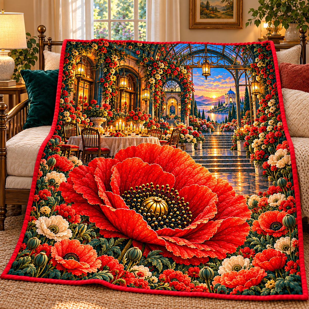 Poppy Welcome Supper Quilt Blanket with printed optical 3D artwork in its use setting